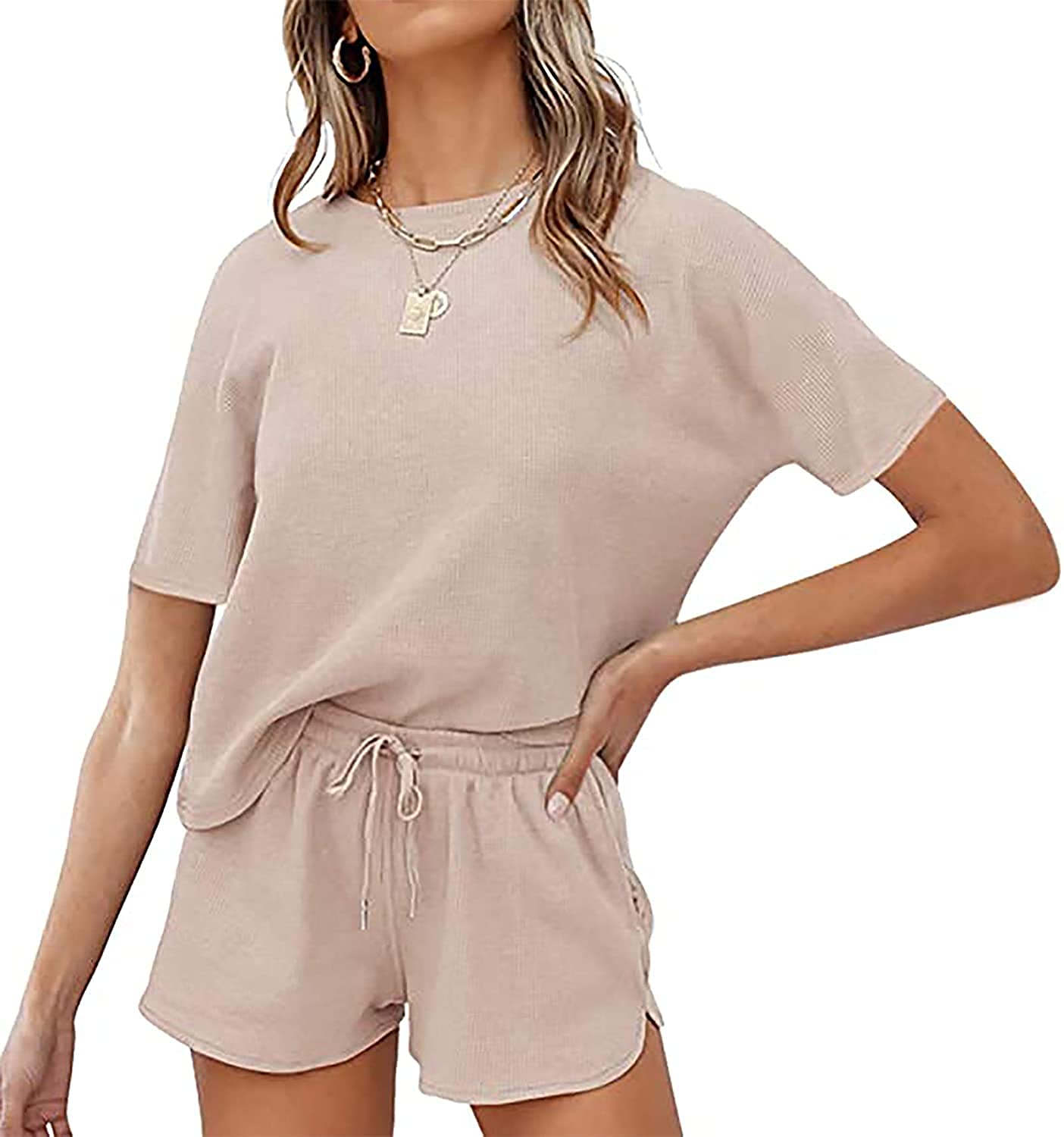 Womens Waffle Knit Pjs Set Short Sleeve 