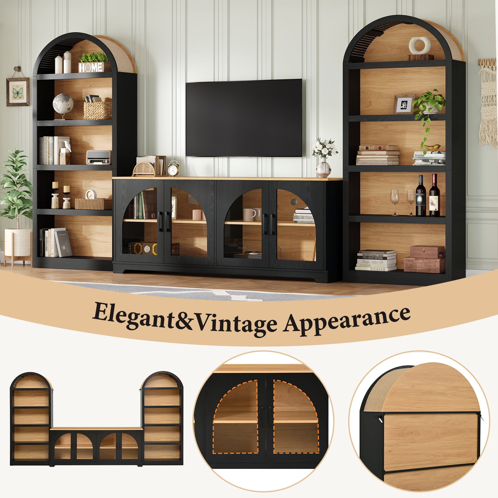 Aukfa 3-Piece Modular TV Stand Set for TVs Up to 70", Modern Wall Unit Entertainment Center,Black