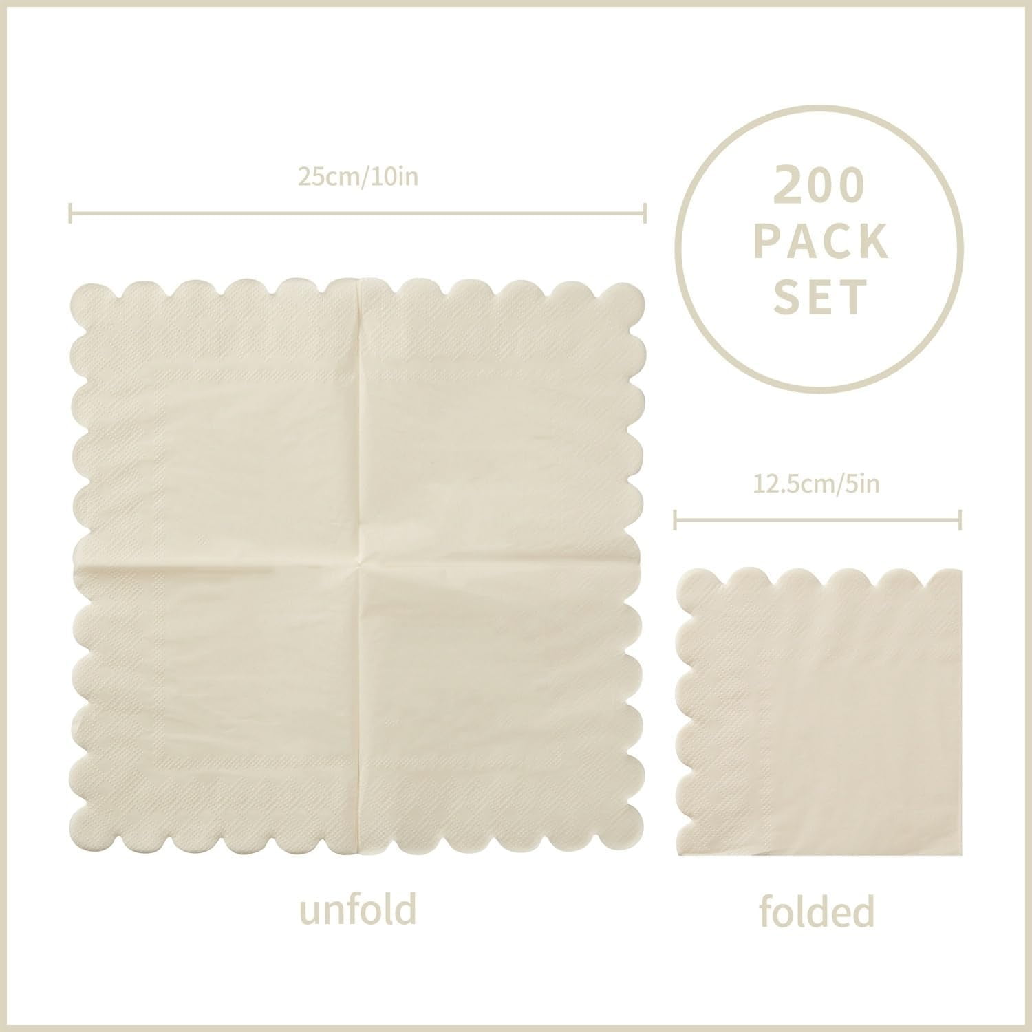 Scalloped 2 Ply Disposable Cocktail Napkins Foldable Thick Paper Napkins for Wedding Birthday Festival Party Dinner Table Decor Milky White 200 Pack