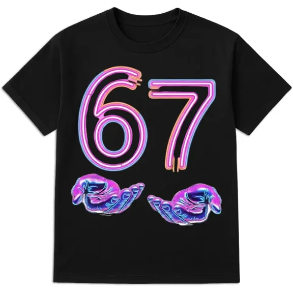 Funny 67 Meme T-Shirt – Neon Glow 67 with Vaporwave Hands Graphic Unisex Tee