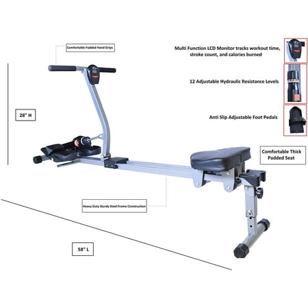 X Factor Rowing Machine Hydraulic Rower Pro Rower Glider with Adjustable 12 Resistance Levels for Full Body Workout Exercise Muscle Cardio Home Gym w Digital Monitor