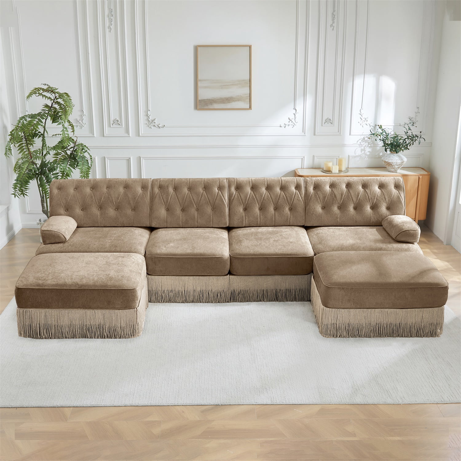 Hommoo 4-Seater Chesterfield Style Velvet Fabric U-Shaped Sectional Sofa with 2 Ottomans, Tufted Button Upholstered Design and Floor-grazing Tassel, Free Combination Sofa Couch Set, for Home, Camel
