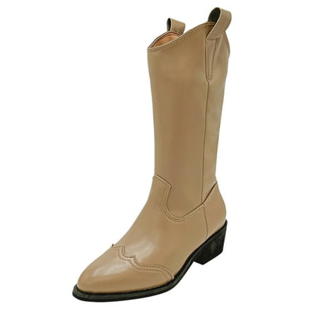 

TAIAOJING Women s Boots Wommen Boots Autumn And Winter Comfortable Pointed Toe Thick Heel Solid Color Mid Boots Retro Western Cowboy Boots Fashion Shoes