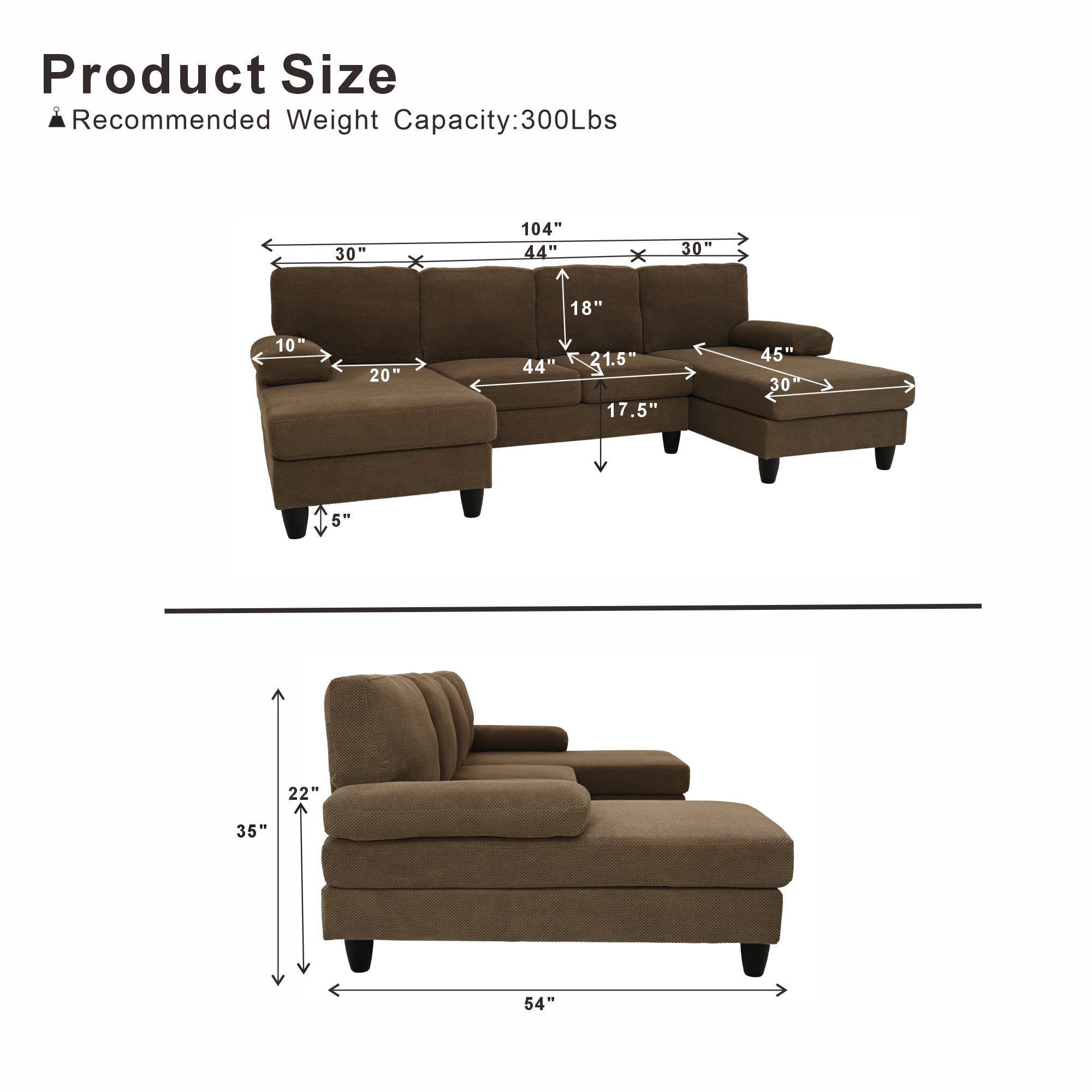 Howcool 104" Cloud Sectional Sofa with Extra Deep Seat,U Shaped Sectional Couches for Living Room,4 Seater Polyester Sofas & Couches,Modern Apartment Couch with Double Chaise Lounge,Coffee