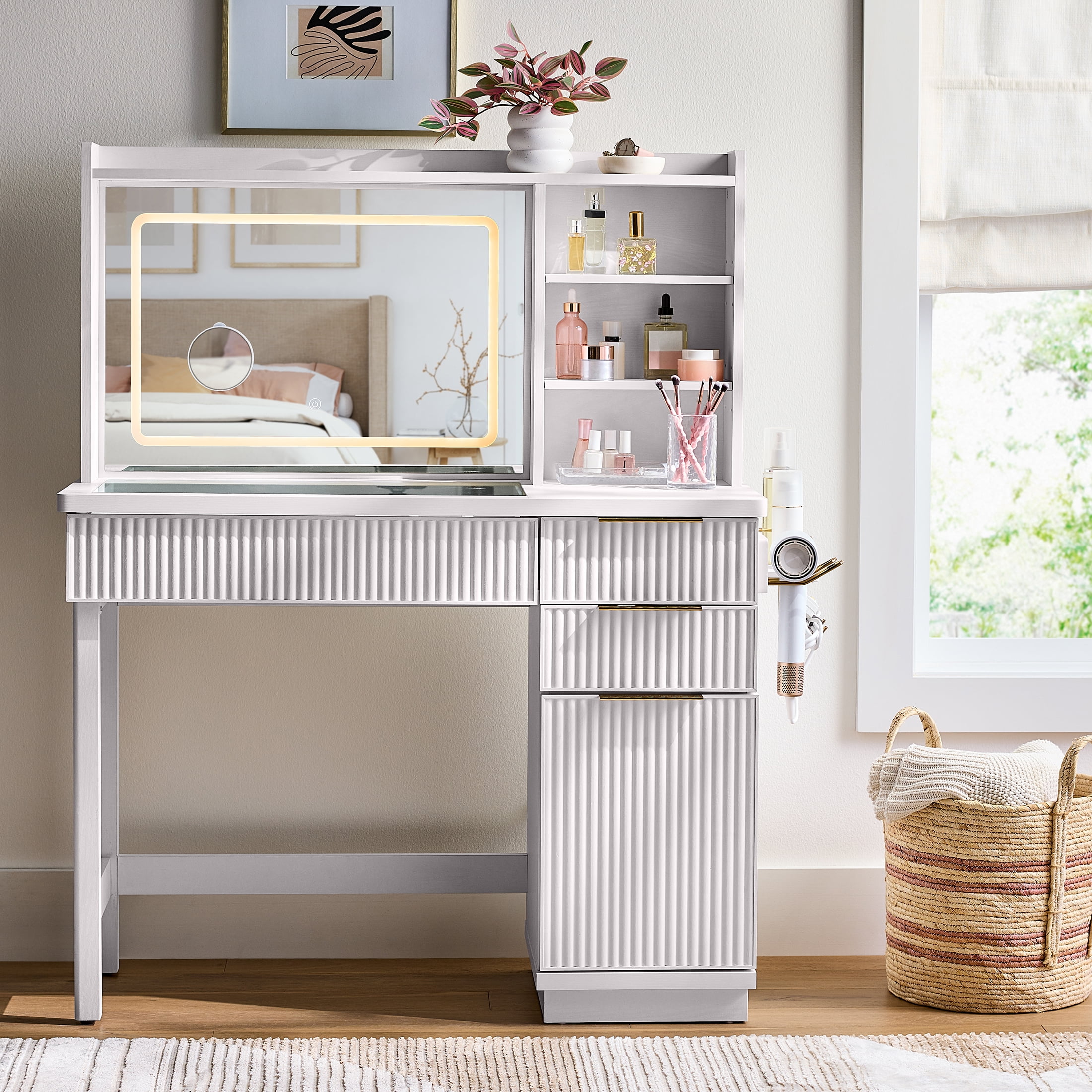 Better Homes & Gardens Lillian Vanity Desk with LED Lighted Mirror, White Finish