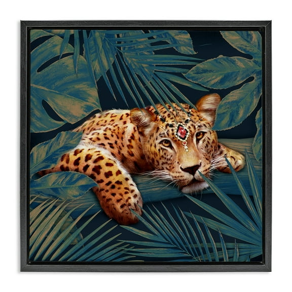 Stupell Industries Tropical Leopard with Glitz Gem Animals & Insects Painting Black Floater Framed Canvas Art Print Wall Art, 18 x 18