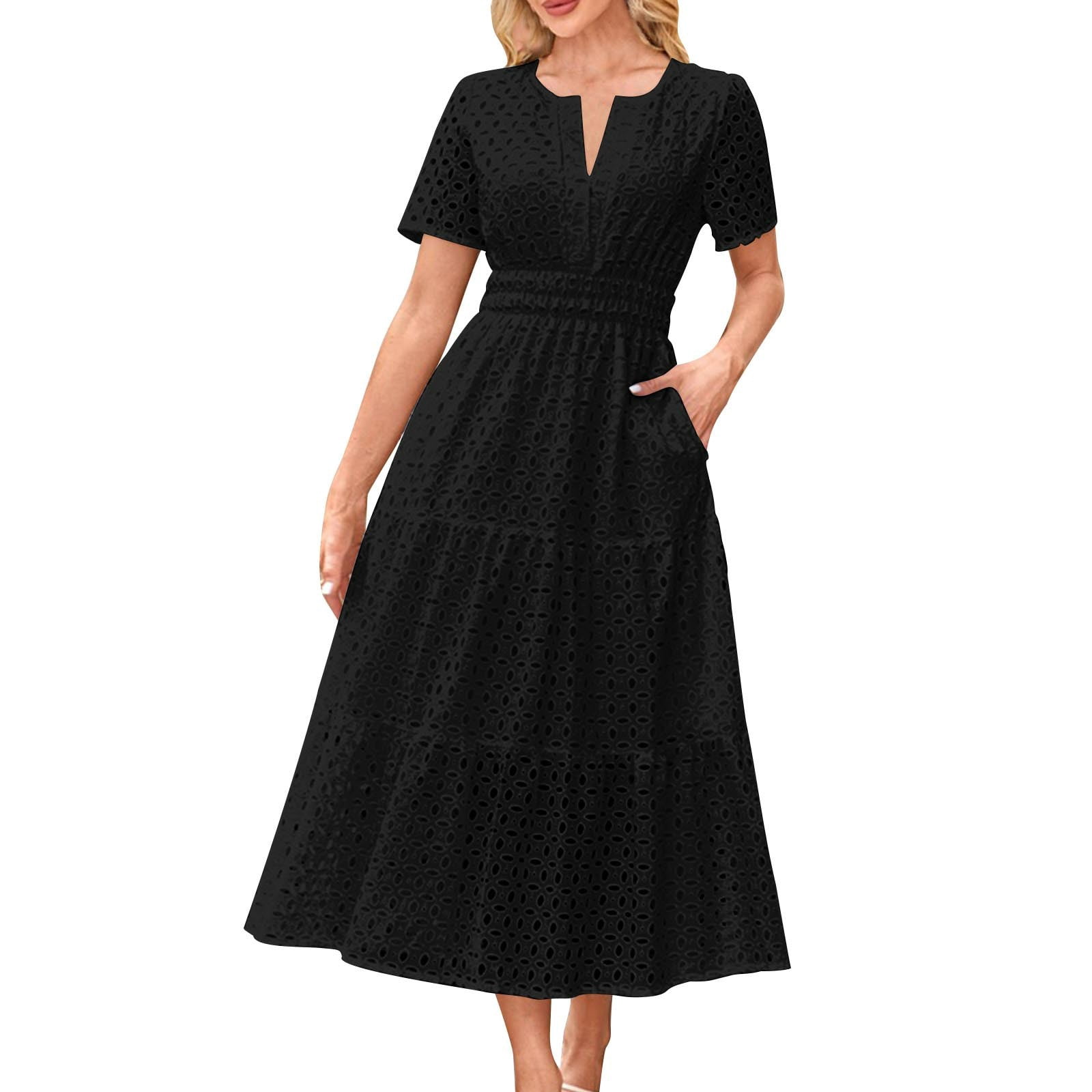 GaThRRgYP Hidden Pockets Short Sleeve V-Neck Dress-Functional Design,Women's Casual Printed Pleated Elastic Waist Sleeveless V-Neck Dress Black L