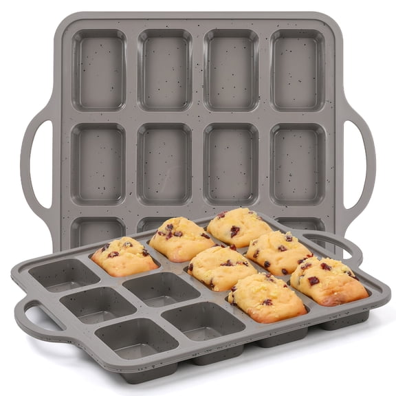 CAKETIME Silicone Mini Loaf Pan with Metal Frame, Silicone Mini Bread Loaf Pans 12 Cups for Baking Bread (2 Pack)