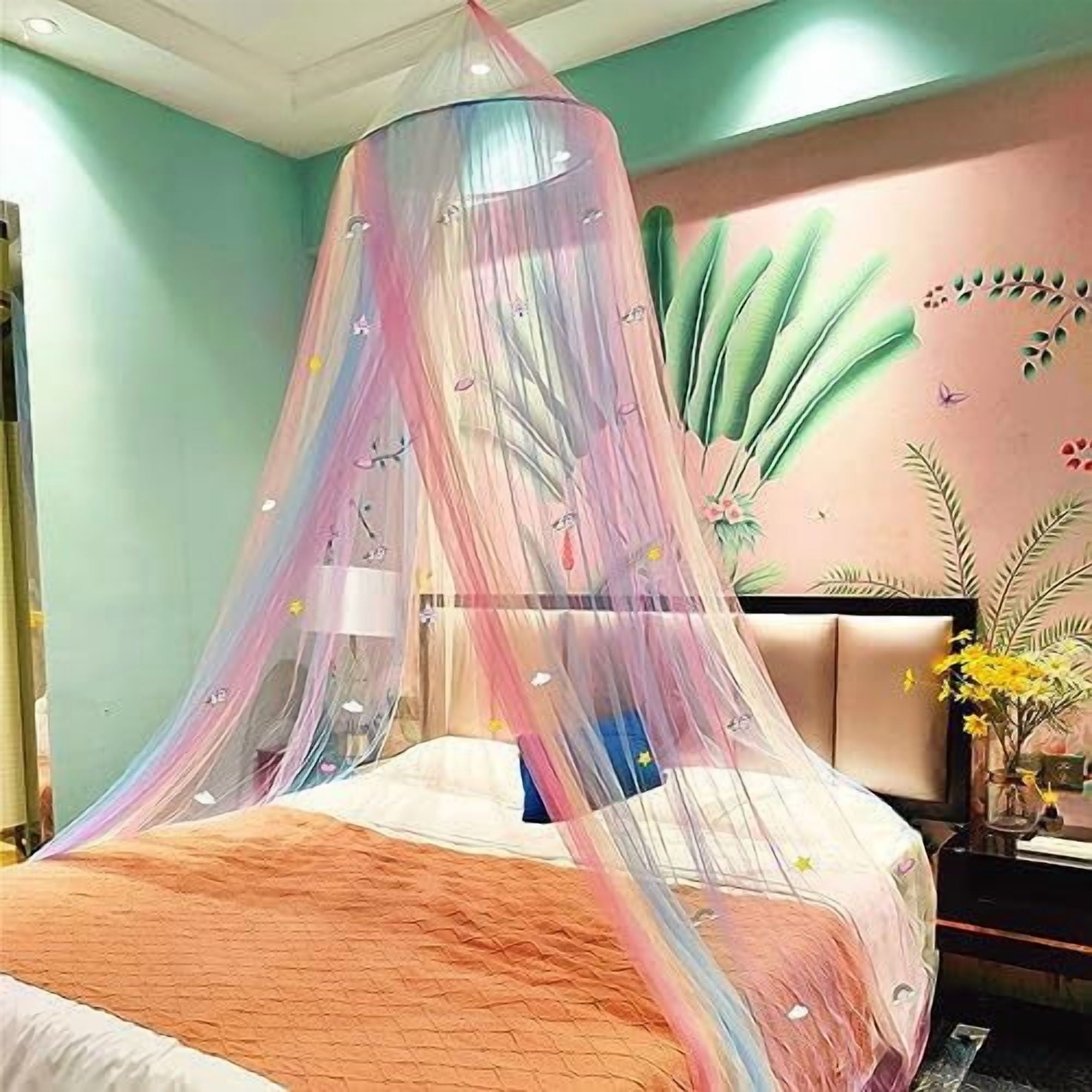 Rainbow bed cover, stars shining in the darkness, suitable for decorating girls' rooms with bed covers (colored mosquito nets with stars)