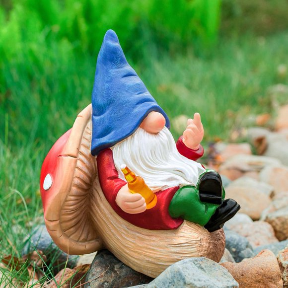 Estatua de Gnomo de Jardín WONDHOME con dedo medio, Gnomo borracho y divertido