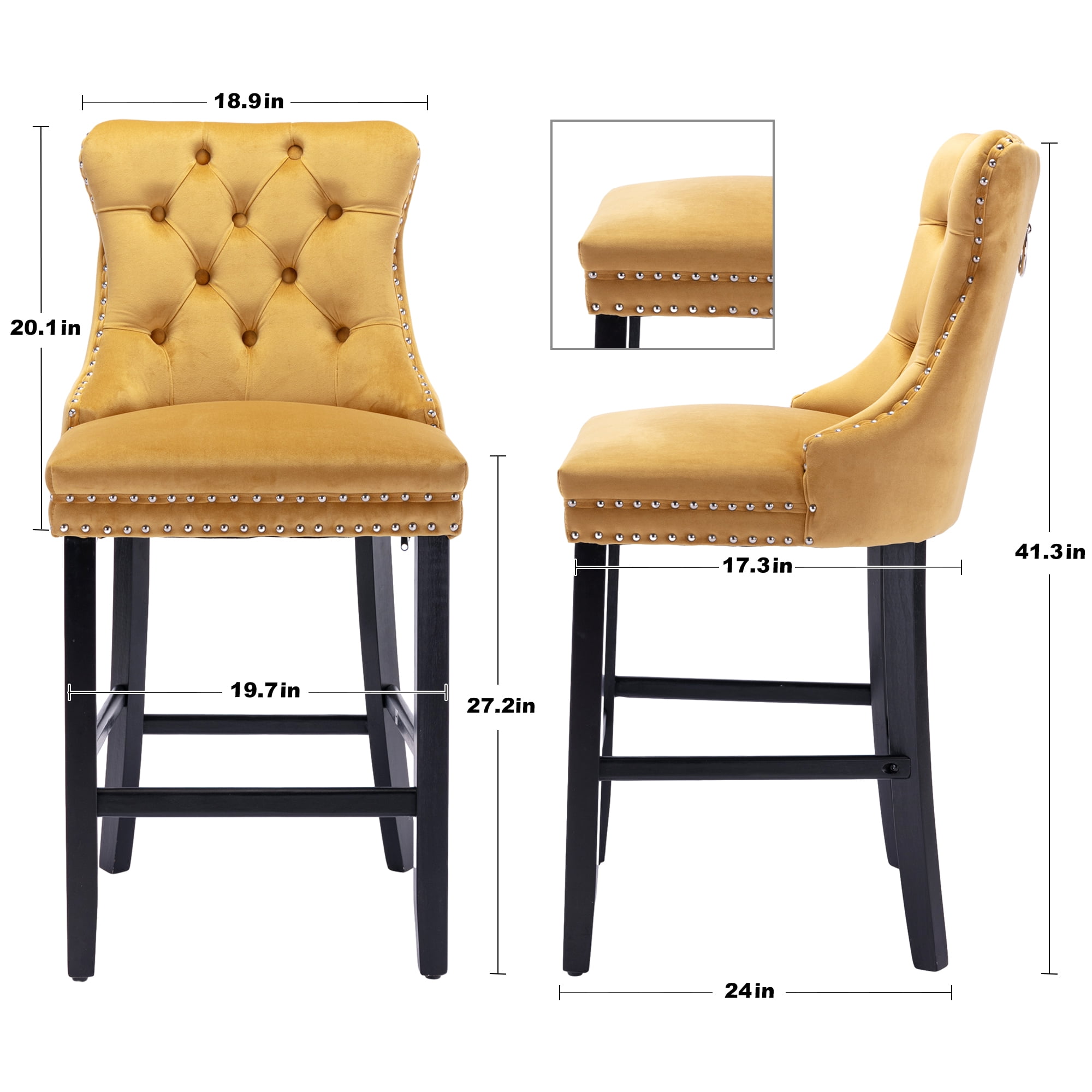 DONICK Velvet Counter Height Bar Stools Set of 4,Button Tufted Back Bar Chair Nailhead Back Pull Tab Wooden Leg(Yellow)