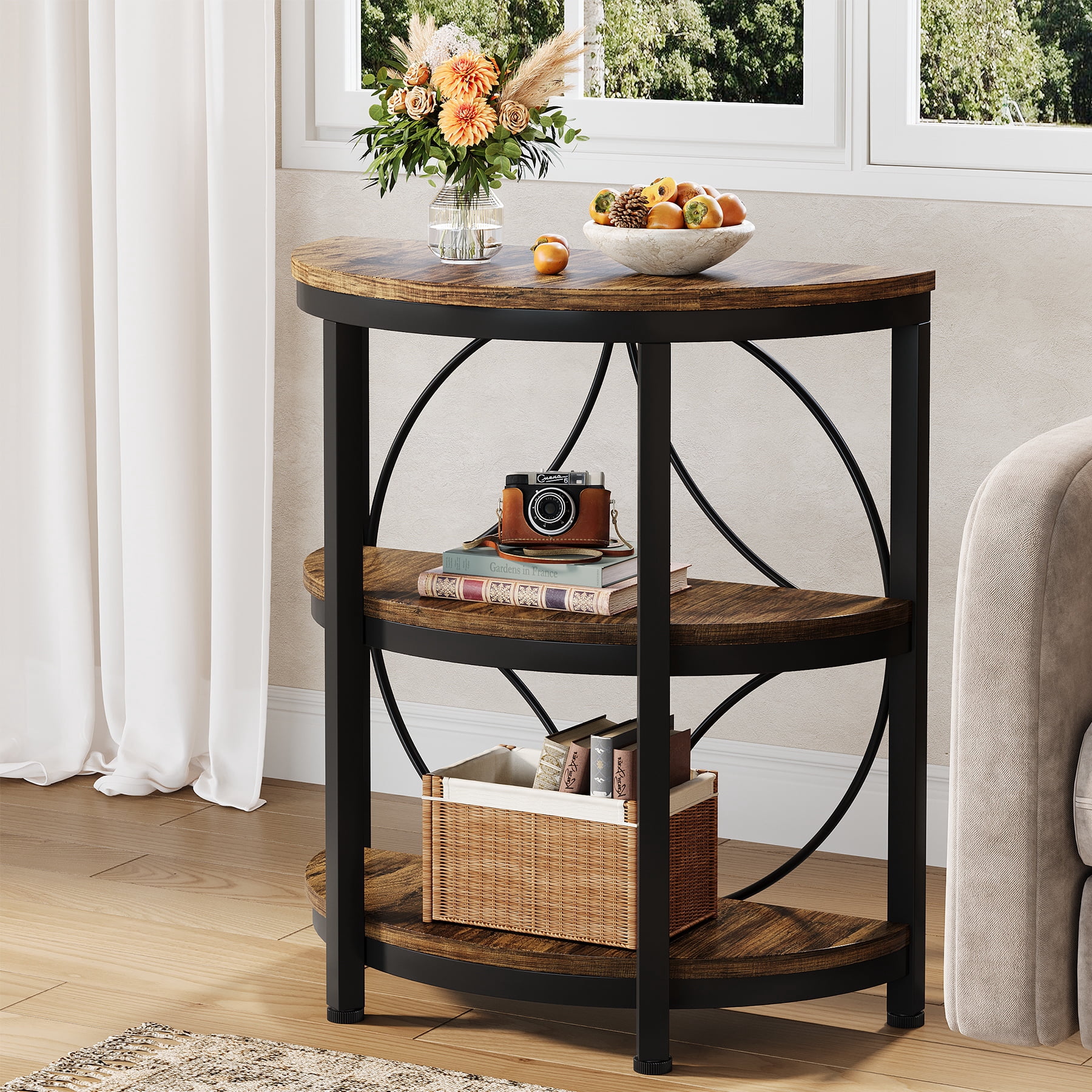 Fnova Farmhouse Half-Moon End Table, 3-Tier Storage Wood Side Table with Metal Frame, Modern Bedside Table, Narrow Sofa Table for Living Room Bedroom, Easy Assembly, Vintage Brown