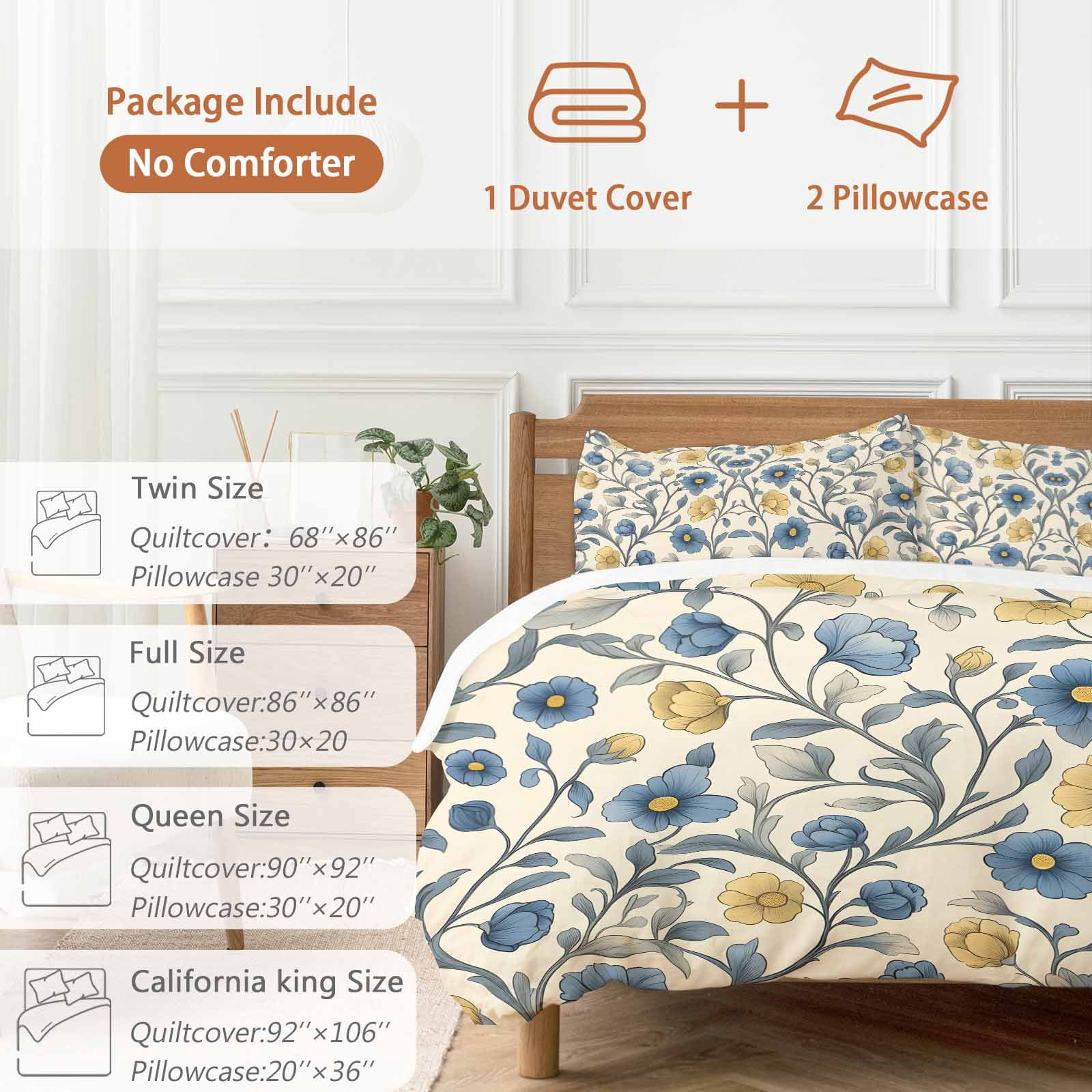 Vintage Blue Yellow Bedding 3 Piece Duvet Cover Set Full Size, Spring Enchanted Garden Florals Soft Microfiber Comforter Cover with Zipper Closure & Pillowcases, Wrinkle & FadeResistant Quilt Cover