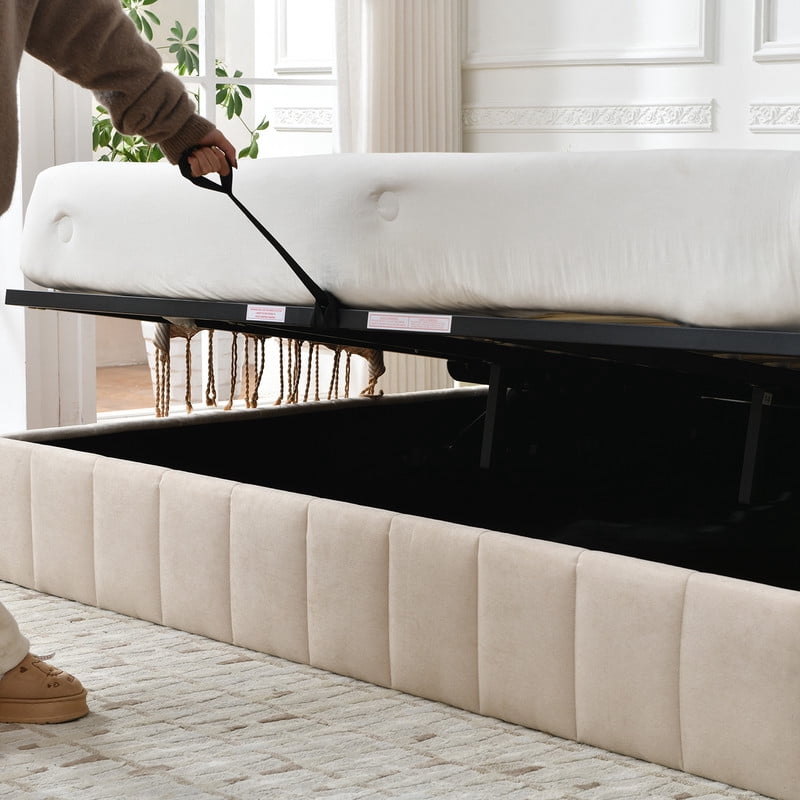 VELOCAVA Full Size Bed Frame with Lift Up Storage, Upholstered Platform Bed with Hydraulic Storage, No Headboard Low Profile Design, No Box Spring Needed, Beige