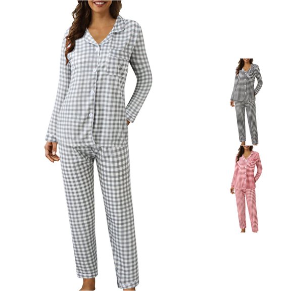 xfsWaSs Women's 2 Piece Gingham Plaid Pajama Sets Long Sleeve Sleepwear Collared Button Down Shirts With Pants Daily Casual Loungewear Set