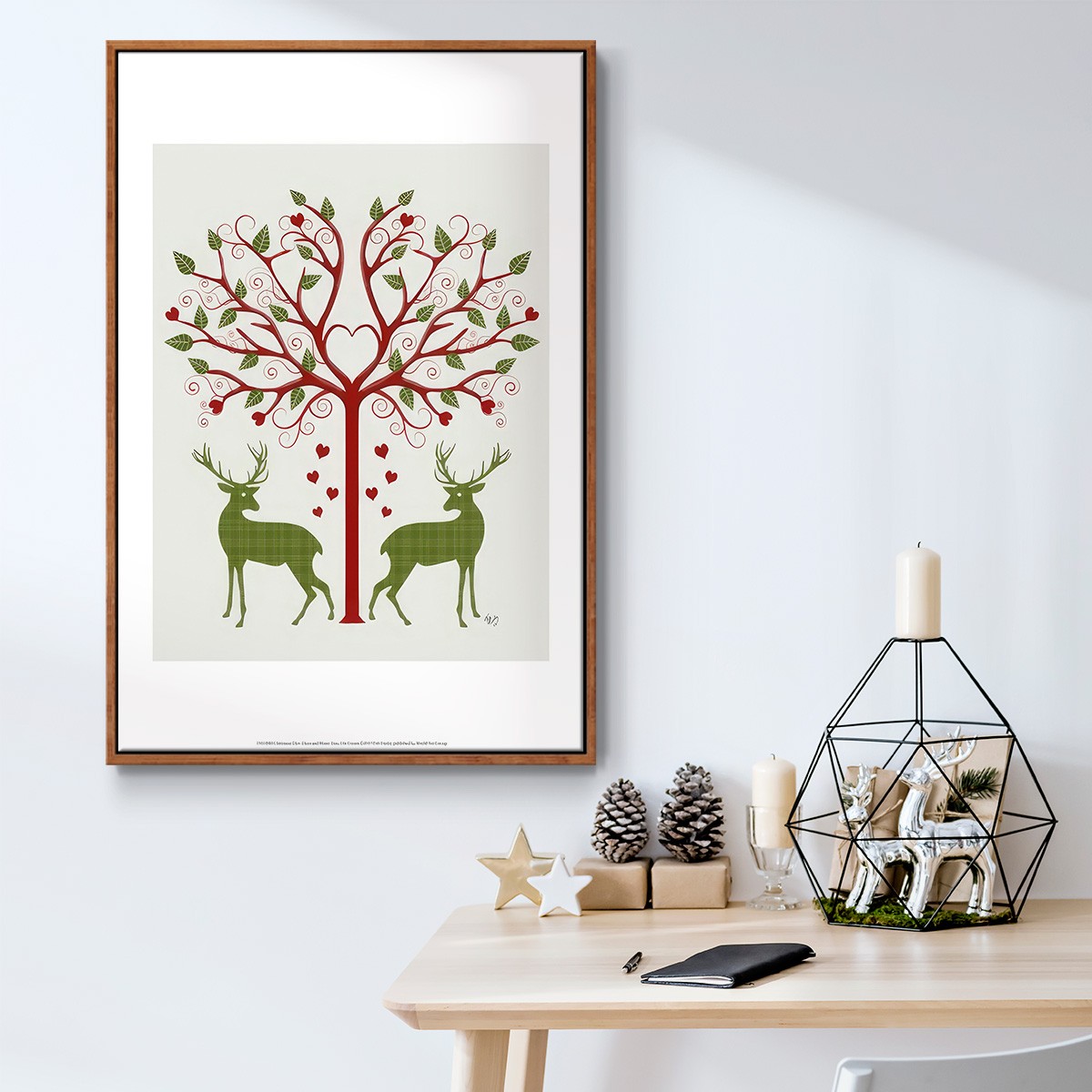 Christmas Des - Deer and Heart Tree, On Cream - Framed Gallery Wrapped Holiday Canvas - 17 x 25 - Rosewood Frame