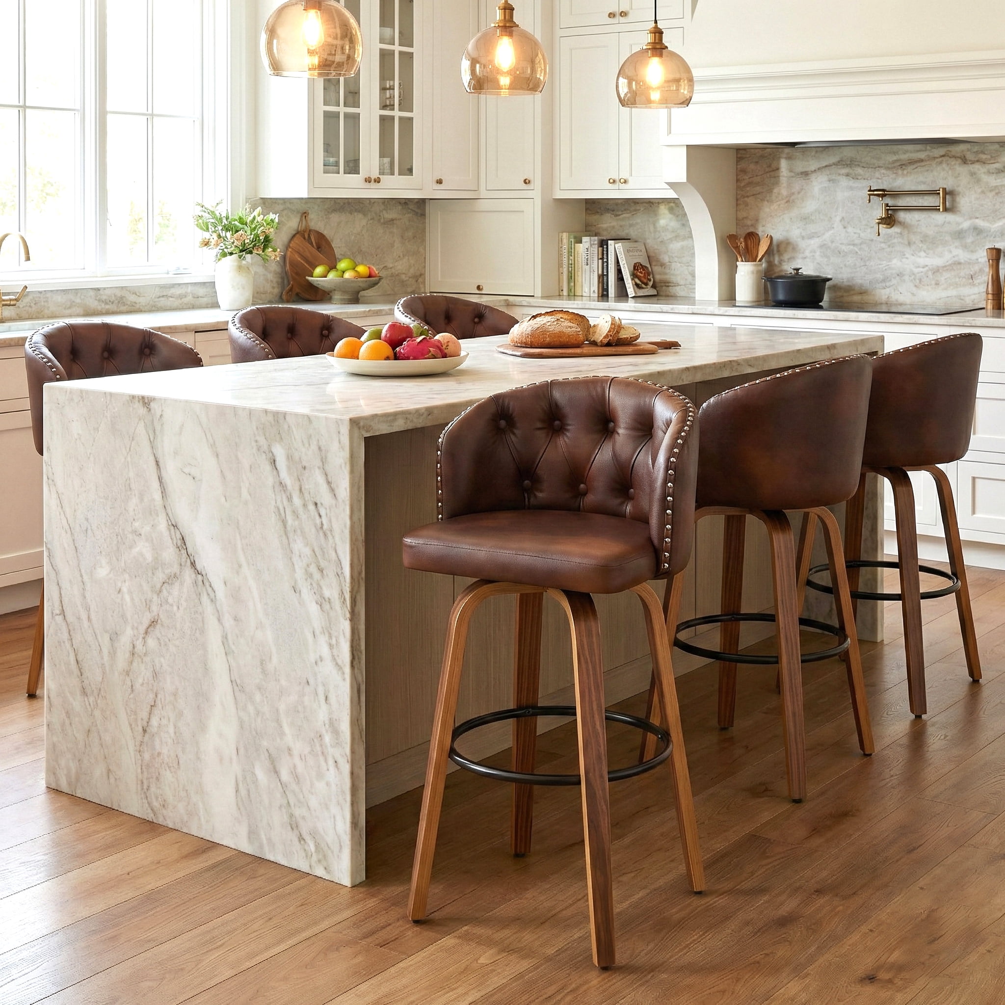 Fahomiss 26" Swivel Counter Height Bar Stools Set of 6, Brown Leather Farmhouse Kitchen Stools