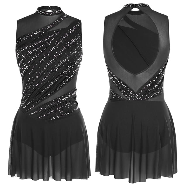 renvena Costume de Danse Lyrique Robe de Ballet Moderne Sans Manches avec Strass Contemporain Noir G