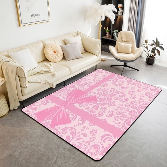 Erosebridal Pink Damask Carpet 3x5,Girly Bowknot Washable Area Rug for Girls Women,Dreamy Princess Bowknot Gifts Indoor Floor Mat,Vintage Antique Baroque Victorian Decorative Washable Rug