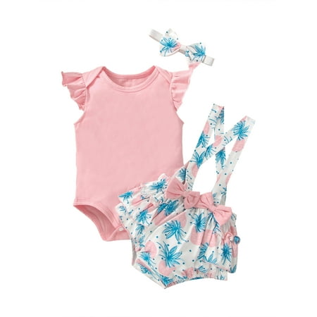 

LSFYSZD Infants Girl Outfits Sets Solid Color Fly Sleeve Romper + Bowknot Floral Printed Ruffle Suspender Triangle Shorts + Headband