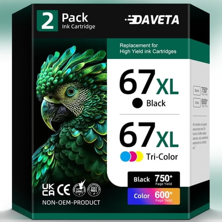 67 Ink Cartridge Compatible for HP 67 67xl Ink Cartridges - Black Tricolor (2 Pack)