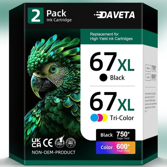 67 Ink Cartridge Compatible for HP 67 67xl Ink Cartridges - Black Tricolor (2 Pack)