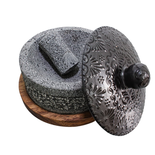 Molcajete CEMCUI Yolia con Tapa de Talavera Negra Artesanal