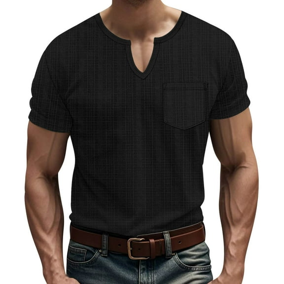 YLSDY Men's Slim Fit V Neck Casual Shirts Short Sleeve Blouses Muscle Longline Henley T-Shirt Stylish Gym Workout Tops Black L