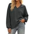 thumbnail image 3 of Otvok Winter Women Waffle Knit Top, V‑Neck Drop‑Shoulder Long Sleeve Loose Casual Pullover Shirt, 3 of 7