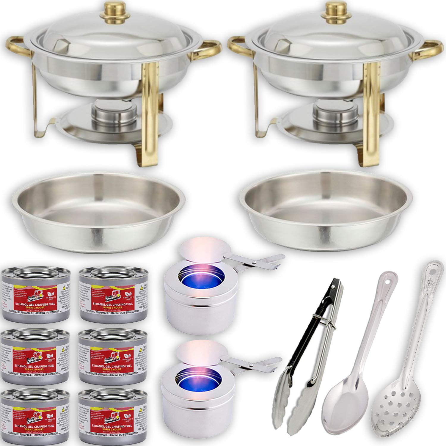 Water Pan Divided pan Chafing Dish Buffet Set w/Fuel — Folding Frame Fuel Holders 8 qt + Full Pan 11” Solid & Perforated Spoon + 9” Tongs 4qt x 2 Warmer kit 6 Fuel Cans Serving Utensils 