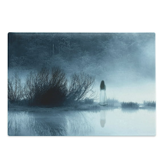 Horror House Cutting Board, Mysterious Women in Foggy Forest Bushes Nightmare Haze Lady Scary Hell Work of Art, Decorative Tempered Glass Cutting and Serving Board, Large Size, Blue, by Ambesonne