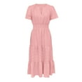 thumbnail image 5 of Huowey Womens Dresses Cotton Linen Short Sleeve High Waist Solid Color V-Neck Smocked Ruched Loose Fit Tiered Simple Breathable Fashionable Flowy Mid Length Dress Outfits Clothing, 5 of 5