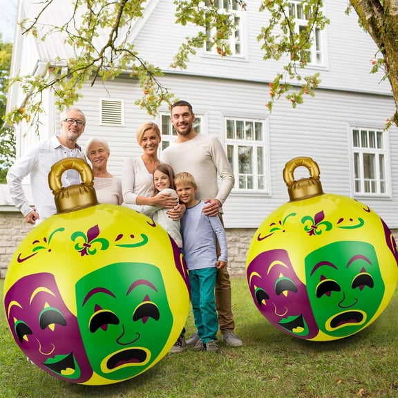 24 Inch Mardi Gras Inflatable Ornament Balls – 2 Vibrant Designs (Comedy/Tragedy Masks & "Mardi Gras" Print) for Indoor/Outdoor Carnival & Party Decor