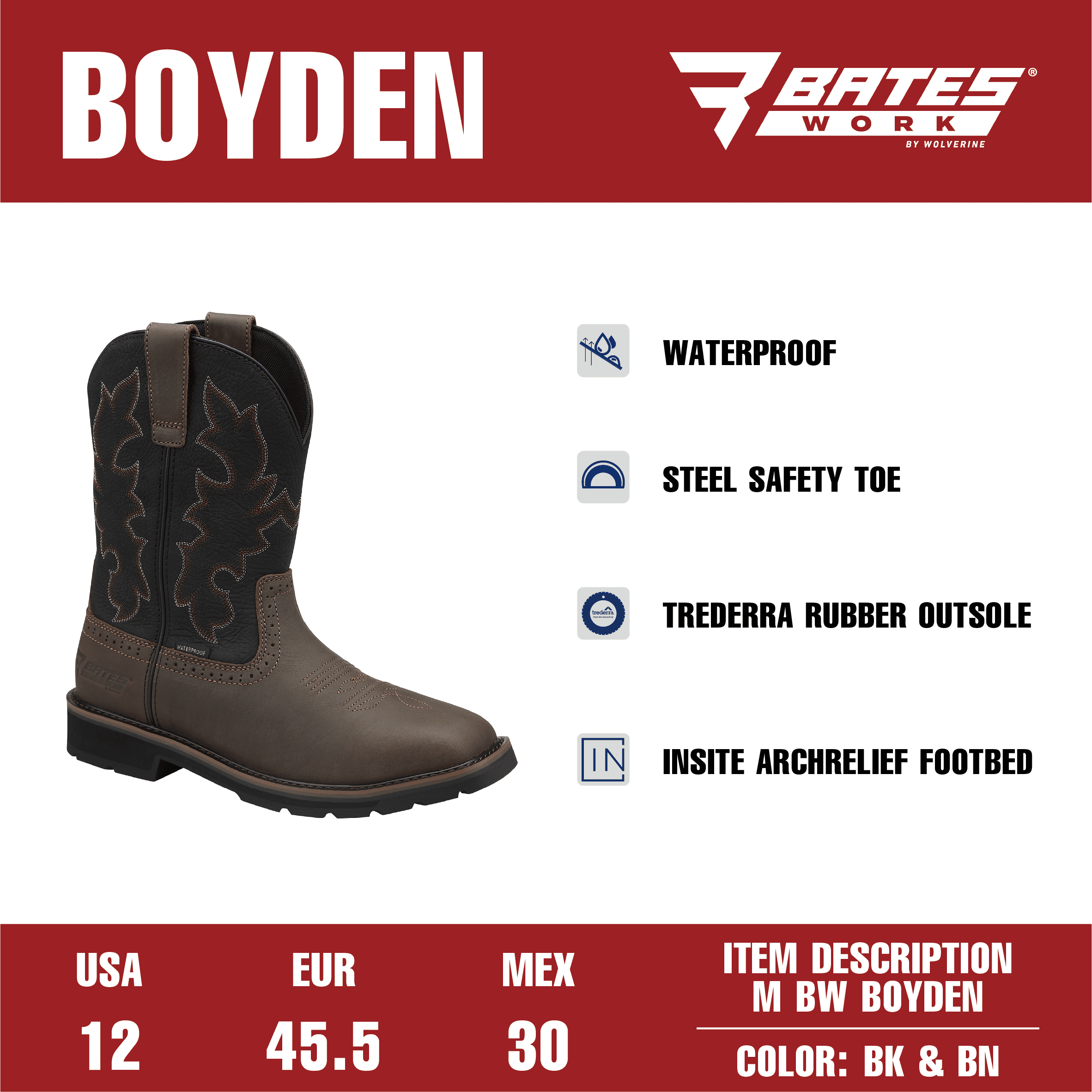 Bates Work by Wolverine Men's Boyden Waterproof Steel Toe Western Work Boot