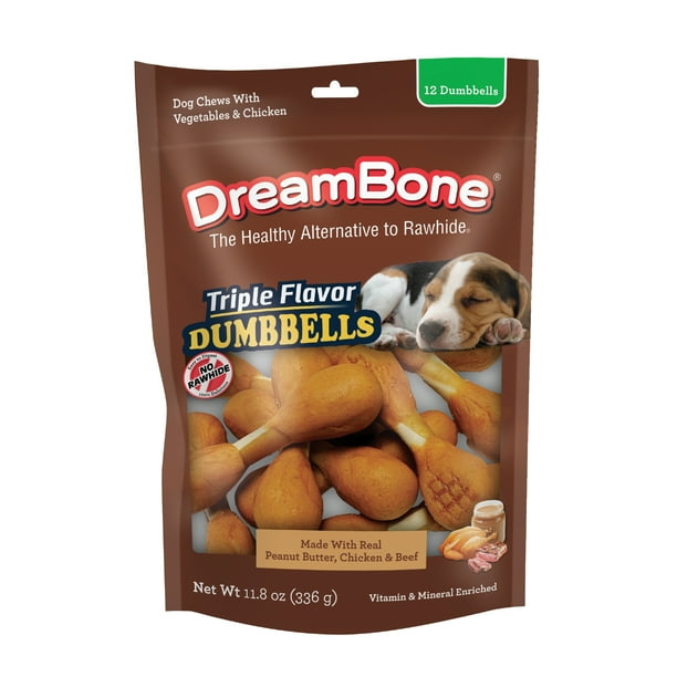 DreamBone Triple Flavor Dumbbells With Peanut Butter 12 Count, Rawhide