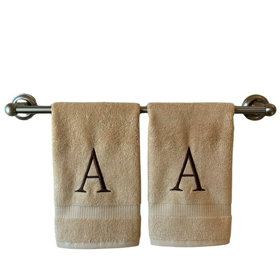 Beige Initial Hand Towel for Bathroom - Monogrammed Luxury Hotel Quality Decorative Towel - GOTS Organic Certified - Set of 2 Brown Letter A