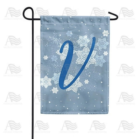 America Forever Winter Monogram Letter V Garden Flag Vertical Double Sided 12.5 x 18 inches Winter Holiday Decor for Outdoor, Porch for Decoration, Blue Snowflake Yard Flag
