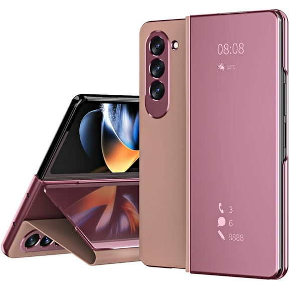 Clear Mirror Case Compatible Samsung Galaxy Z Fold 5 Case with Kicktand,Ultra Thin & Lightweight Flip Mirror Makeup Cover Electroplated Full Protection Stand Cover for Galaxy Z Fold 5 Case Pink
