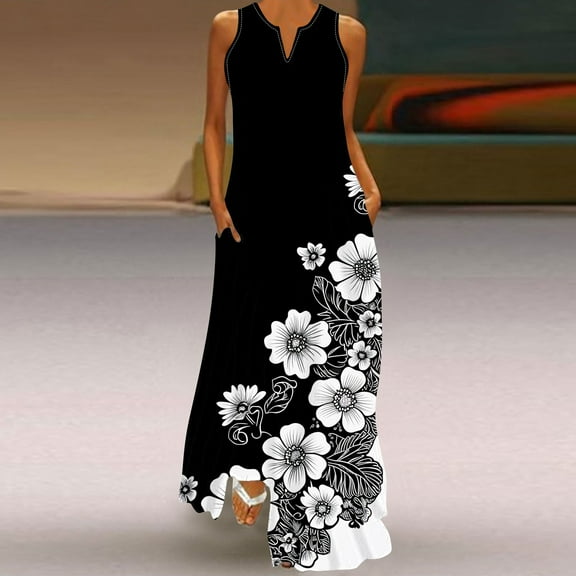 YANHAIGONG Boho Dresses for Women 2025, Sunmmer Floral Maxi Dress V Neck Sleeveless Vintage Ruffle Flowy Beach Dress with Pocket ,Casual Flowy Maxi Beach Dresses