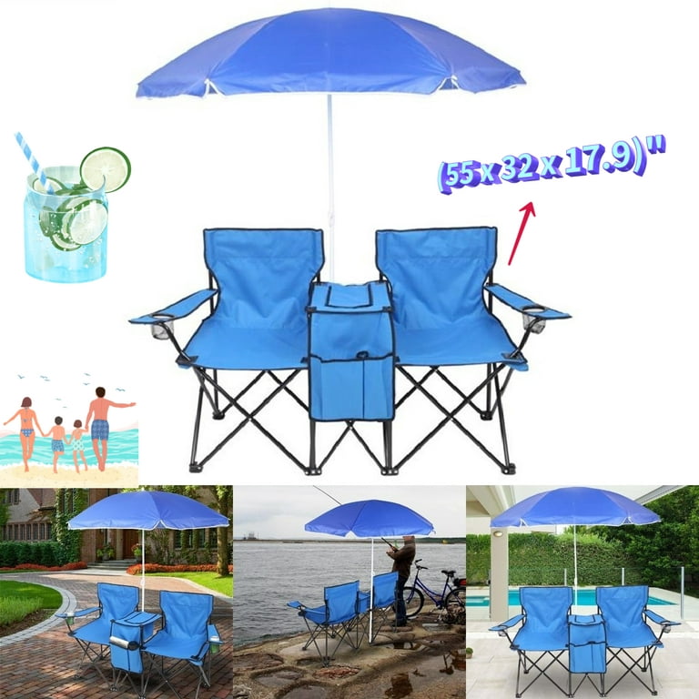 Goorabbit Folding Beach Chairs For Outdoors,2-Seats Anti-UV Umbrella  Folding Outdoor Chair with Table Cooler for Beach, Patio Picnic,Camping-Blue  