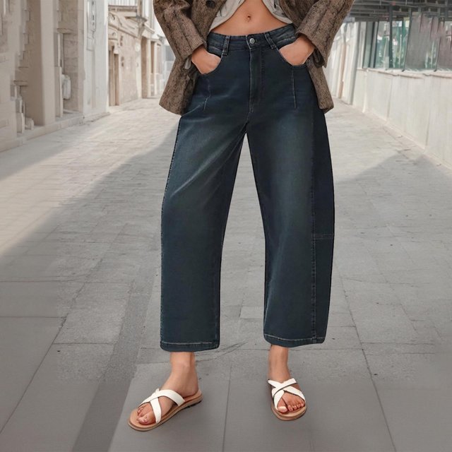 Styesk Pantalon pour Femmes Mode Femmes Bouton Décontracté Ample Uni Pantalon Poches Fermeture Éclair Pantalon Long Jeans Évasés d'Inspiration Rétro