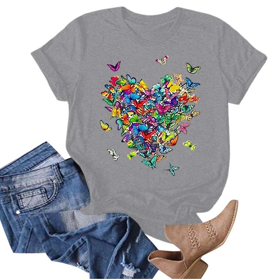 Graphic Tees for Women T-Shirts Women's Casual Fashion Letter Print Short Sleeve Round Neck Top Platform Competitor Gray L
