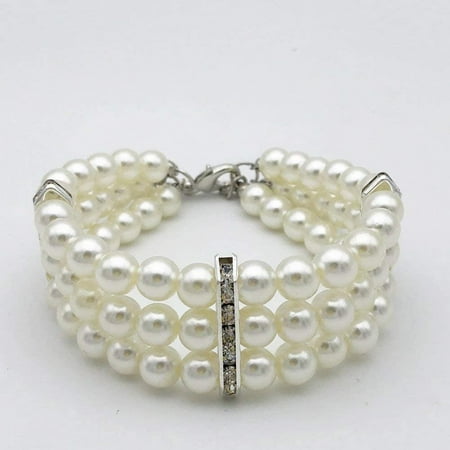 Fancy 3 Row Pearls Diamond Dog Necklace Collar Jewelry with Bling Rhinestones for Pets Cats Small Dogs Girl Teacup Chihuahua Yorkie Clothes Costume Outfits (White  Neck Size: 8 -10 )