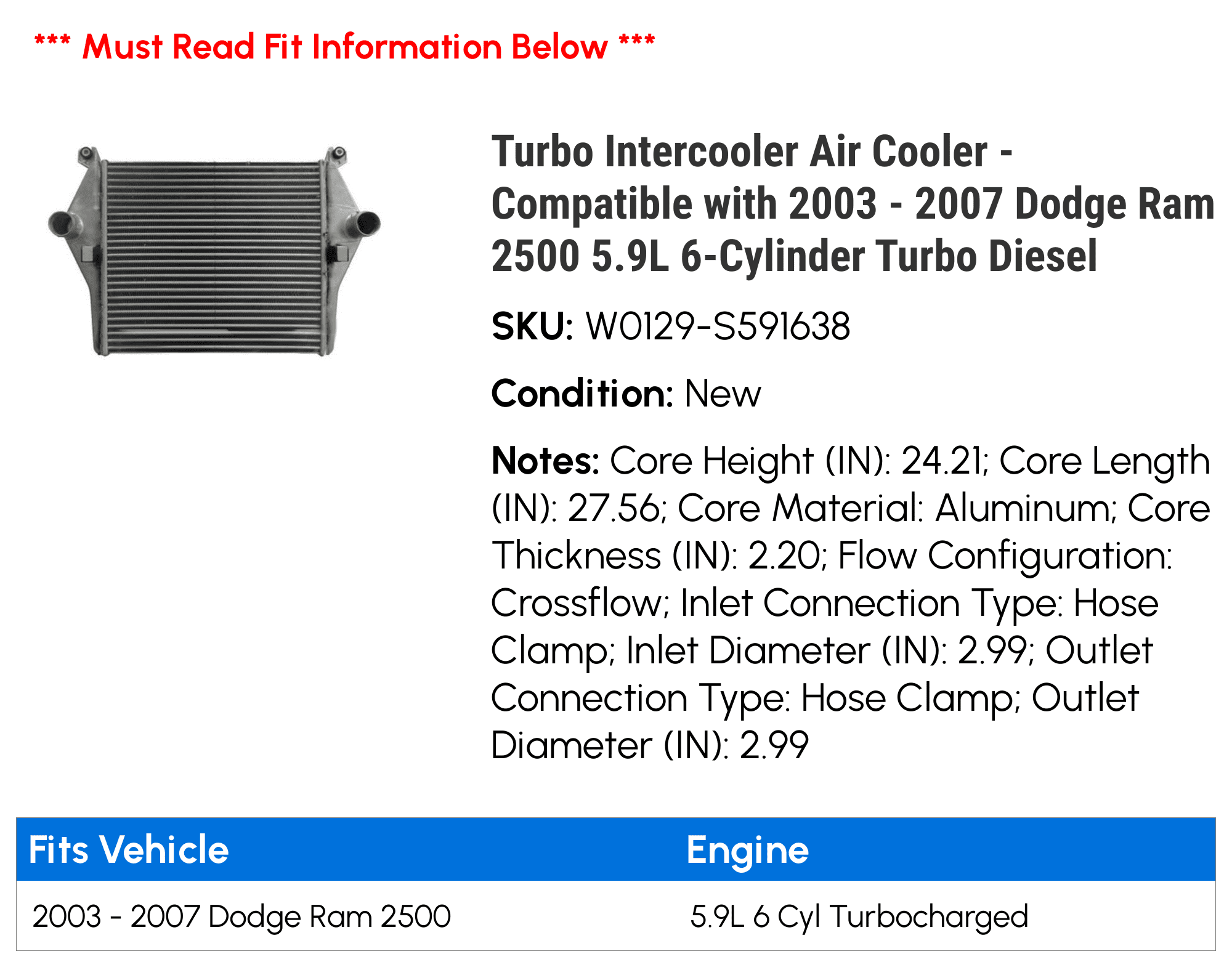 Turbo Intercooler Air Cooler Compatible with 2003-2007 Dodge Ram 3500 