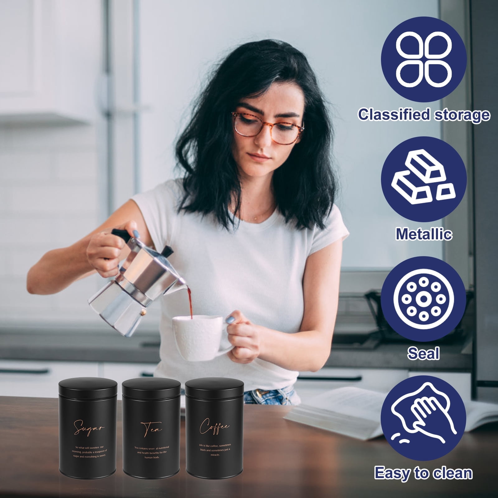FUYGRCJ 3 Piece Black Canisters Sets for Kitchen, Airtight Sugar Tea Coffee Canister Set, Storage Jars for Coffee Container, Tea Organizer & Sugar Canister, Black Kitchen Canisters