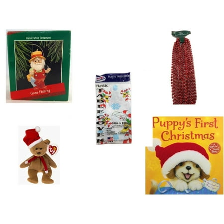 Christmas Fun Gift Bundle [5 Piece] - Hallmark Gone Fishing Handcrafted Ornament -  Time Red Beaded Garland 18' Feet - Party Expressions Plastic Table cover 54