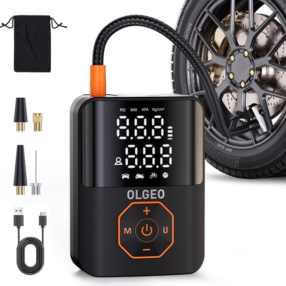 OLGEO Tire Inflator Portable Air Compressor, 160PSI Tire Pump with Digital Pressure Gauge, LED Light and Auto Shut-off, Cordless Tire Inflator for Car Motor Bike Ball