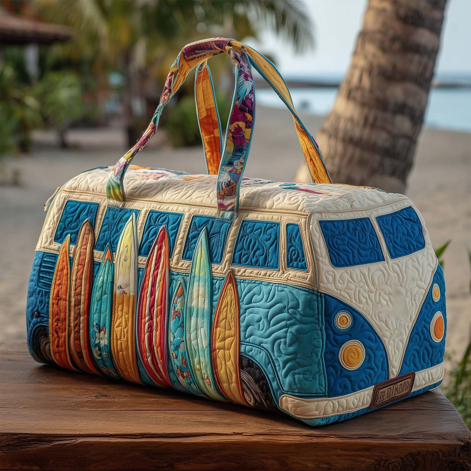 Quilted Hippie Van Duffle Bag with Adjustable Strap, Medium 18-inch Bohemian Weekender Bag for Travel, Durable Polyester Quilted Carryall for Gym Yoga Dance,B