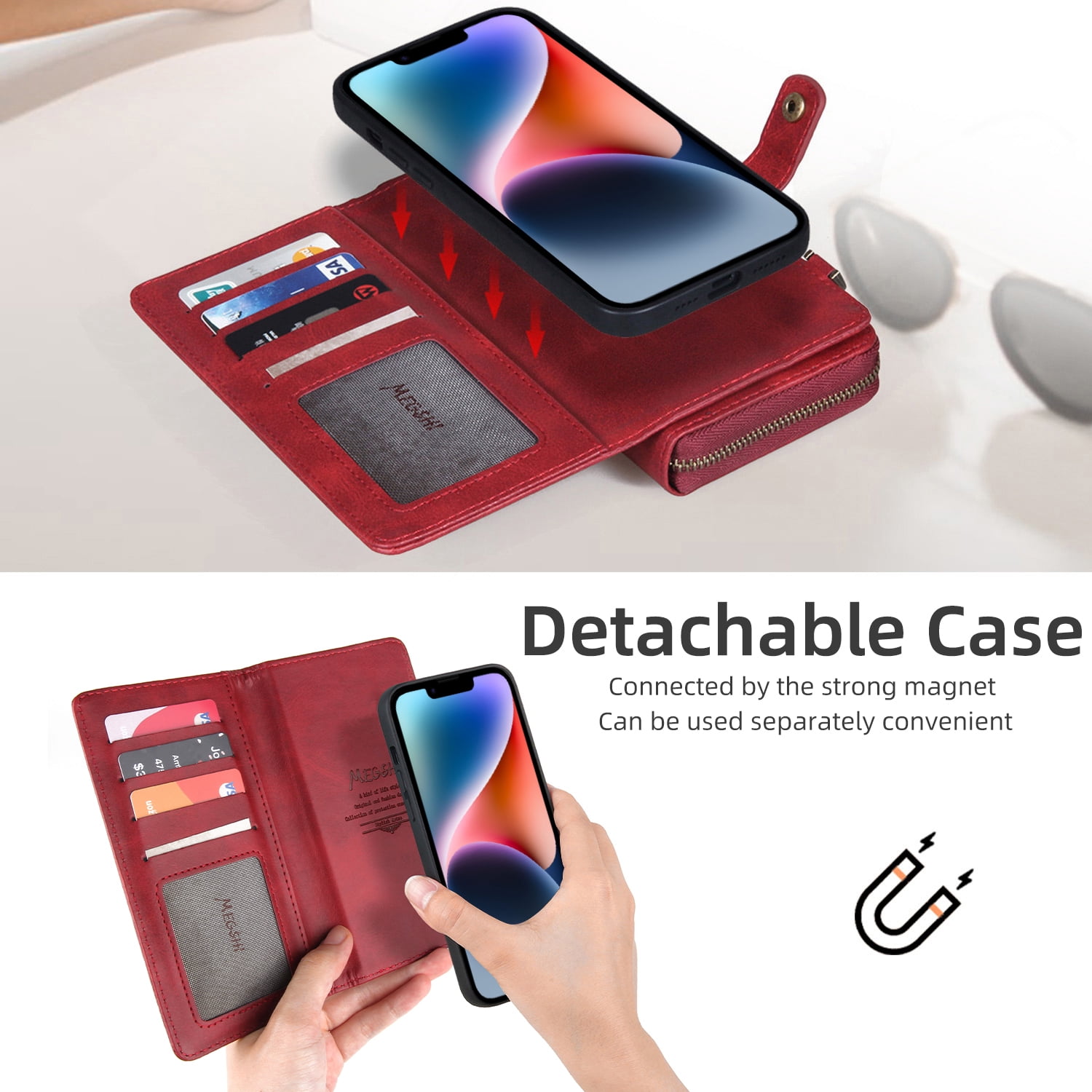 ELEHOLD Flip Wallet Case for iPhone 14 PU Leather Purse Case with Large Capacity 13 Card Slots Zipper Pocket Kickstand Magnetic Detachable Case Cross Body Shoulder Strap Shockproof Protective,Red