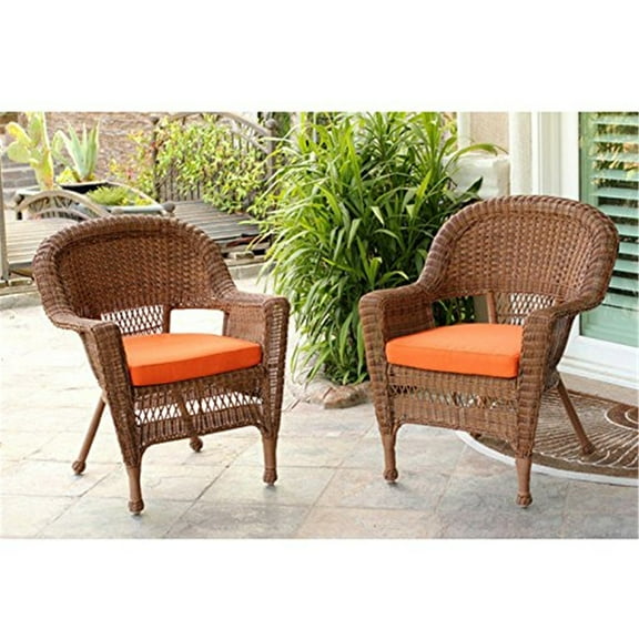Jeco Honey Wicker Chair With Orange Cushion- Set of 4